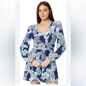Lilly Pulitzer Navy and Blue Floral Skirted Romper